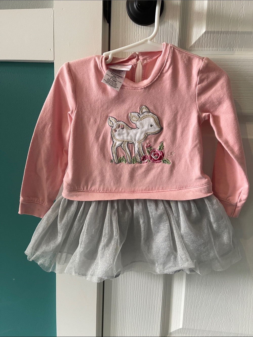 Bonnie Baby Pink Long-Sleeve Deer Appliqué Top with Silver Tulle Skirt